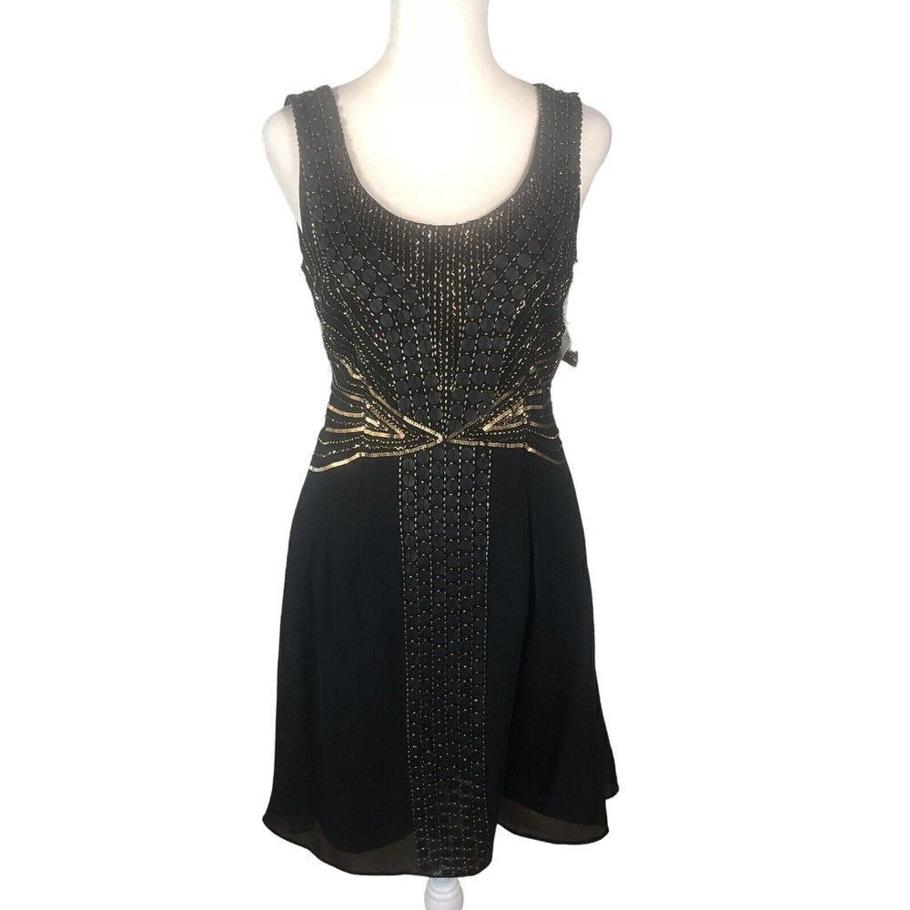 NEW Sable+Zoe Black Sleeveless A-Line Chiffon Cocktail Dress 4 Gold Beads Sequin